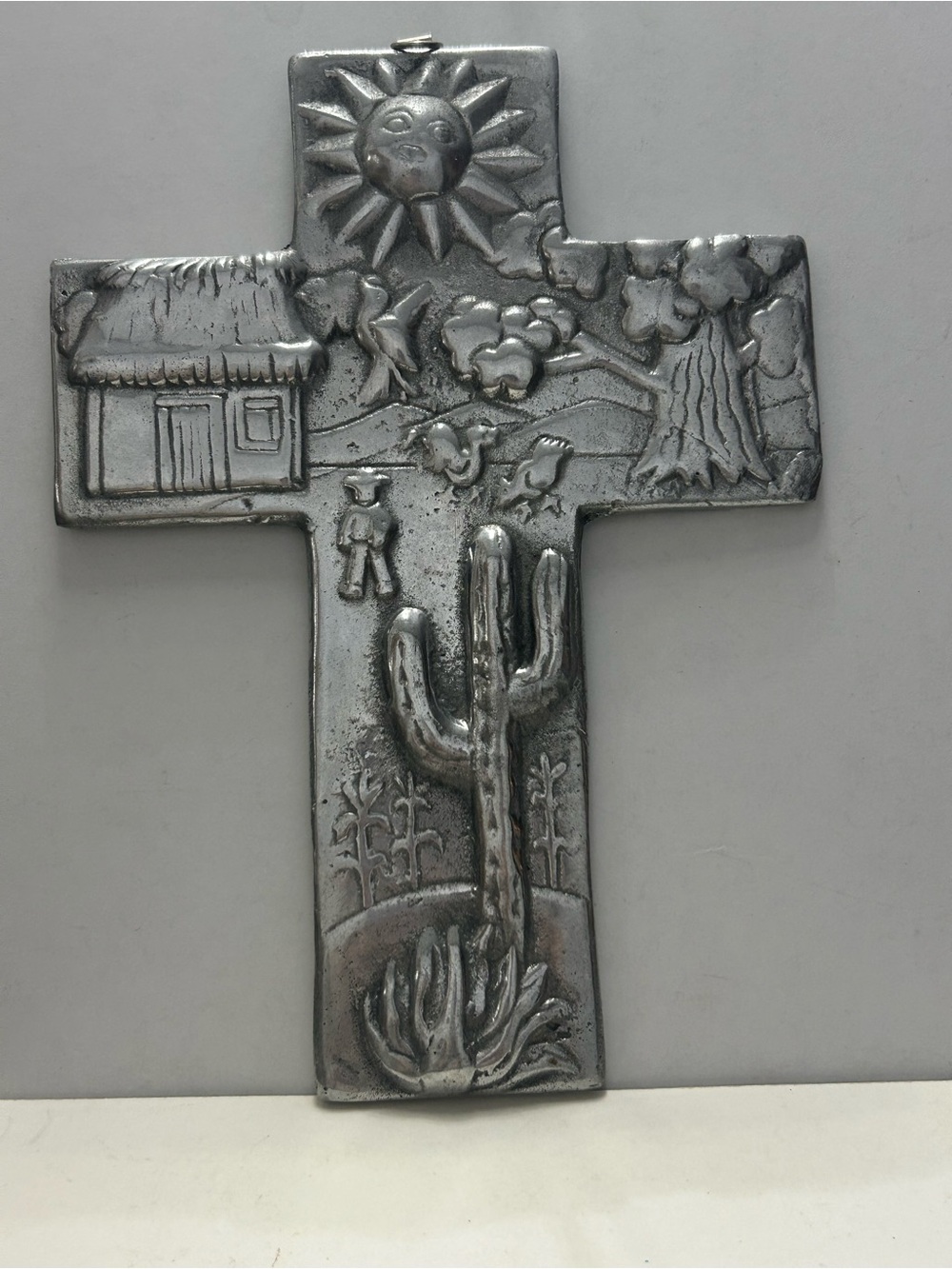 Vintage Pewter Cross Metal Desert Folk Wall Art - Silver Tone 10”